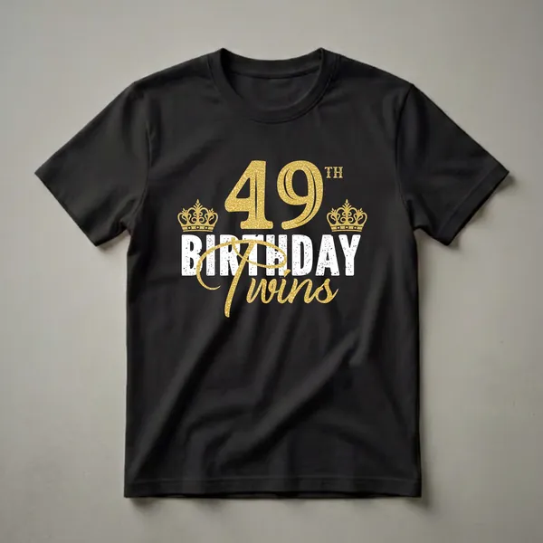 Black t-shirt with gold glitter '49' and crowns, and distressed white text reading 'BIRTHDAY TWINS'.