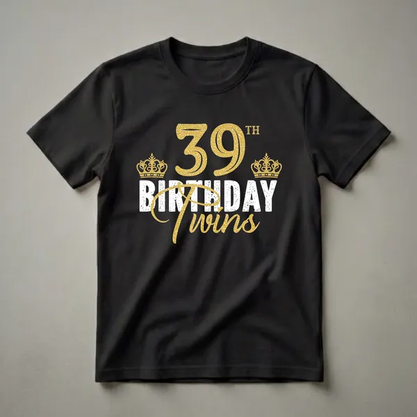 Black t-shirt with gold glitter '39' and 'TH' and gold crowns, and distressed white text 'BIRTHDAY Twins' for a 39th birthday celebration.