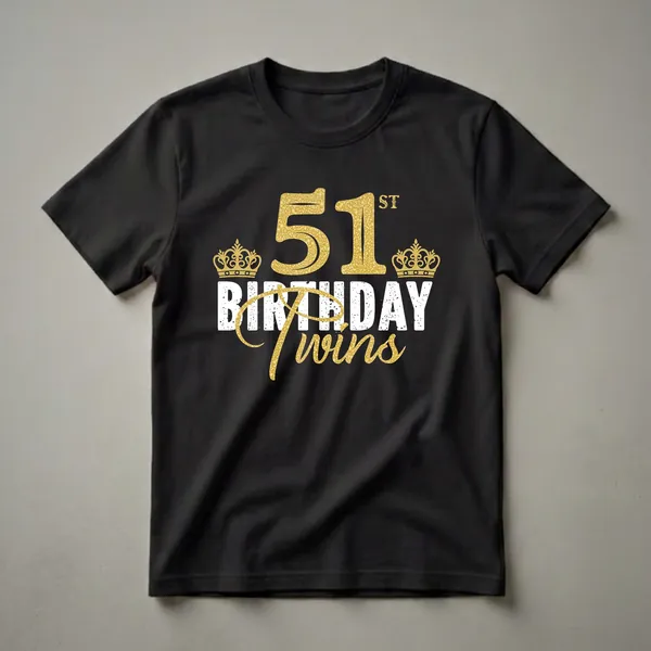 Black t-shirt with gold glitter '51' and crowns, and distressed white text reading 'BIRTHDAY TWINS' with gold script.