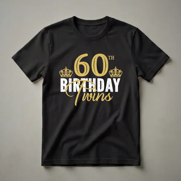 Black t-shirt with gold glitter '60' and 'Twins' text, white distressed 'BIRTHDAY' text, and two gold crowns, celebrating a 60th birthday for twins.