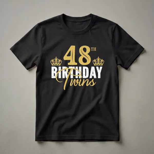 Black t-shirt with gold glitter '48' and 'Twins' text, distressed white 'BIRTHDAY' text, and two gold crowns.