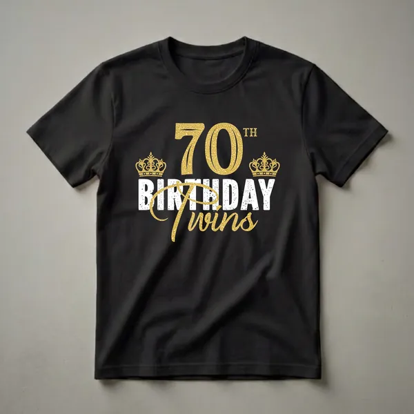 Black t-shirt with gold glitter "70" and "Twins" text, distressed white "BIRTHDAY" text, and two gold glitter crowns.