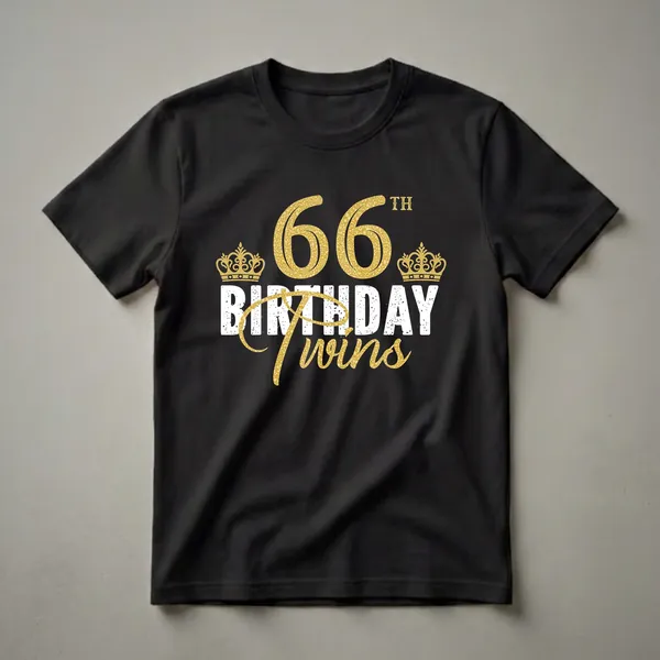 Black t-shirt with gold glitter '66' and 'Twins' text, along with 'BIRTHDAY' in distressed white and two gold crowns, celebrating a 66th birthday for twins.