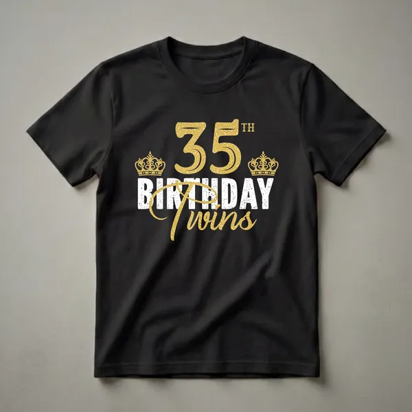 Black t-shirt with gold glitter '35th' and 'Twins' text, and two gold crowns, celebrating a 35th birthday for twin siblings.