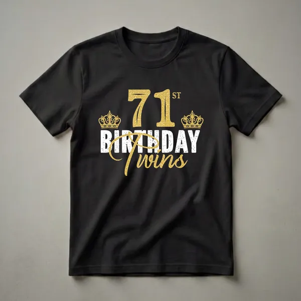 Black t-shirt with a gold and white '71st Birthday Twins' graphic design, featuring the number 71, two crowns, and distressed text.