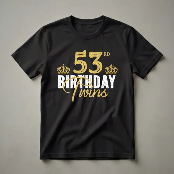 Black t-shirt with gold glitter '53' and crowns, and distressed white text reading 'BIRTHDAY TWINS'.