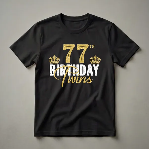 Black t-shirt with '77th Birthday Twins' text in white and gold glitter, adorned with two gold crowns.