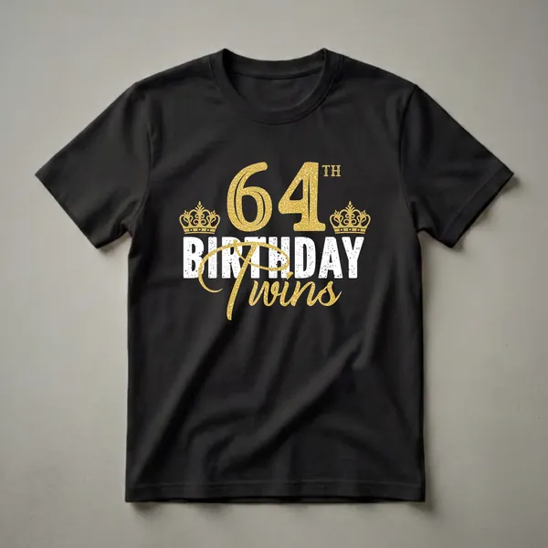 Black t-shirt with '64th Birthday Twins' graphic in gold glitter and distressed white text, featuring two gold crowns.