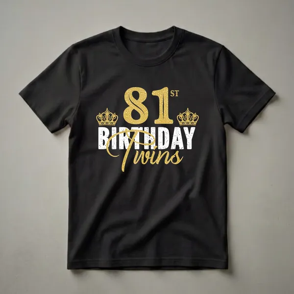 Black t-shirt with gold textured '81' and gold crowns, and distressed white text reading 'BIRTHDAY TWINS' with 'Twins' in gold script.