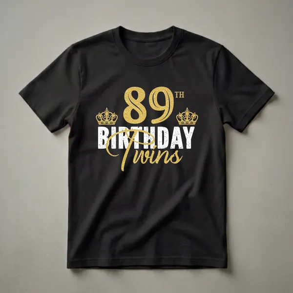 Black t-shirt with gold glitter '89' and 'TH', white distressed 'BIRTHDAY Twins' text, and two gold crowns on either side.