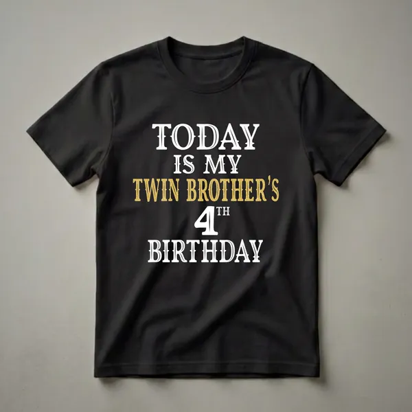 Black t-shirt with white and gold glitter text that reads 'TODAY IS MY TWIN BROTHER'S 4TH BIRTHDAY'.