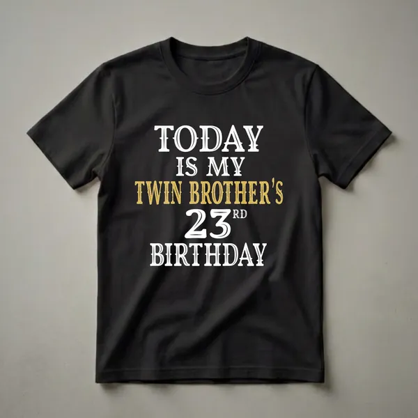 Black t-shirt with white and gold glitter text that reads 'TODAY IS MY TWIN BROTHER'S 23RD BIRTHDAY'.