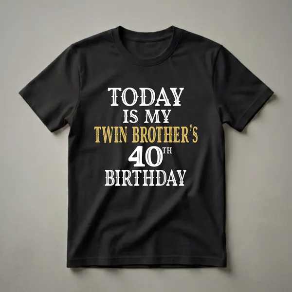Black t-shirt with white and gold glitter text that reads 'TODAY IS MY TWIN BROTHER'S 40TH BIRTHDAY'.