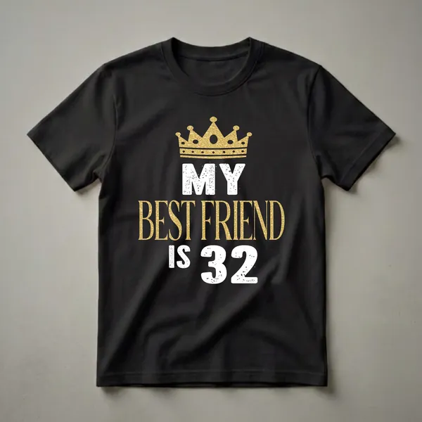 Black t-shirt with a gold crown graphic and distressed white and gold text that reads 'MY BEST FRIEND IS 32'.