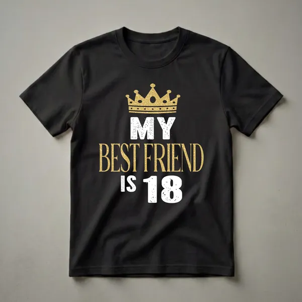 Black graphic t-shirt with a gold textured crown above the words 'MY BEST FRIEND IS 18' in distressed white and gold fonts.