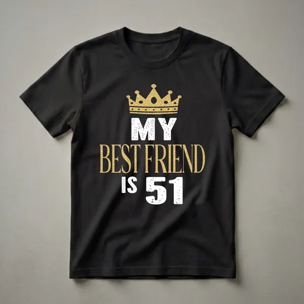Black t-shirt with a golden crown and distressed white and gold text that reads 'MY BEST FRIEND IS 51'.