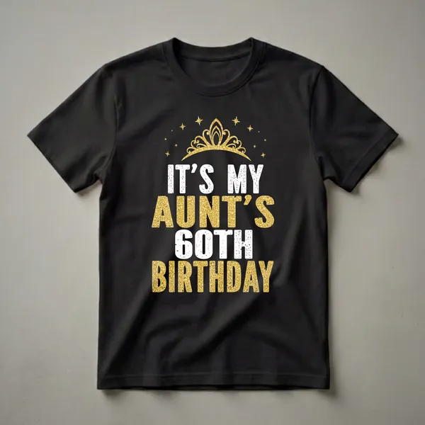Black t-shirt with white and gold distressed text reading 'IT'S MY AUNT'S 60TH BIRTHDAY' and a golden crown with stars.