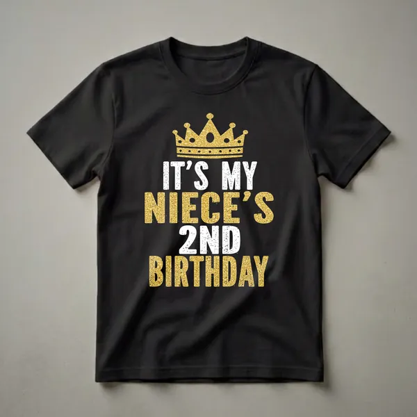 Black t-shirt with a gold crown graphic and distressed white and gold text that reads 'IT'S MY NIECE'S 2ND BIRTHDAY'.