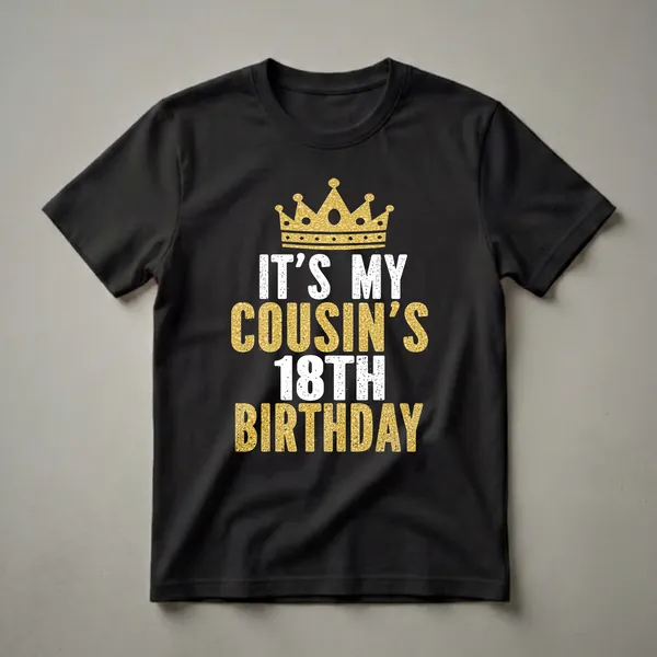 Black t-shirt with a gold glitter crown and distressed white and gold text reading 'IT'S MY COUSIN'S 18TH BIRTHDAY'.