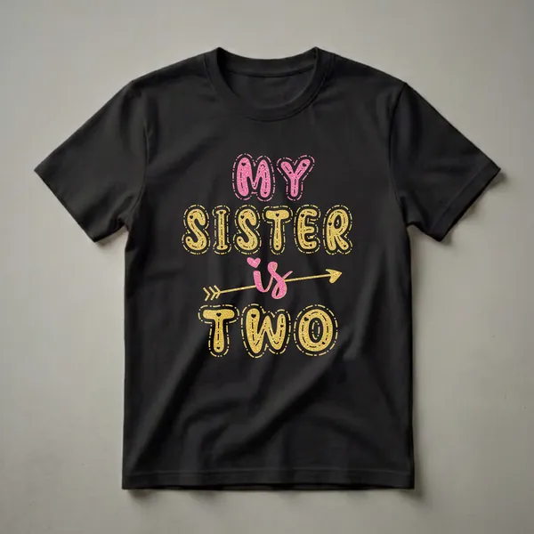 Black t-shirt with "My Sister Is Two" written in glittery pink and gold bubble letters, accented with hearts and an arrow.
