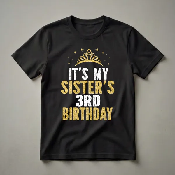 Black t-shirt with white and gold distressed text that reads 'IT'S MY SISTER'S 3RD BIRTHDAY' and a gold crown graphic with stars.
