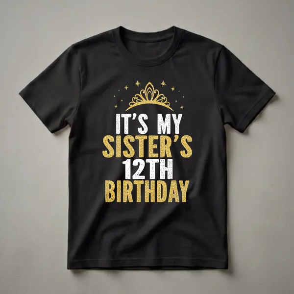 Black t-shirt with white and gold distressed text that reads "IT'S MY SISTER'S 12TH BIRTHDAY" with a golden crown and stars graphic above.