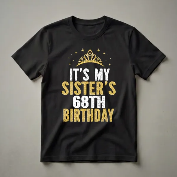 Black t-shirt with gold glitter tiara and stars above distressed white and gold glitter text reading 'IT'S MY SISTER'S 68TH BIRTHDAY'.