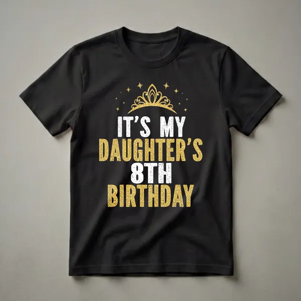 Black t-shirt with white and gold glittery text that reads 'IT'S MY DAUGHTER'S 8TH BIRTHDAY' and a gold crown graphic with stars.