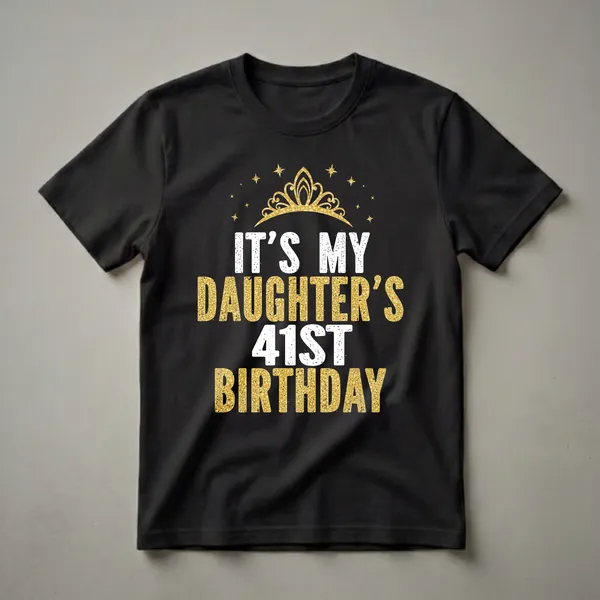 Black t-shirt with white and gold glitter text that reads 'IT'S MY DAUGHTER'S 41ST BIRTHDAY', topped with a gold glitter crown and scattered gold stars.
