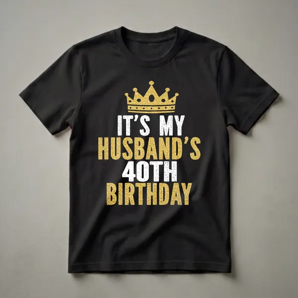 Black t-shirt with a gold glitter crown and distressed white and gold text reading 'IT'S MY HUSBAND'S 40TH BIRTHDAY'.