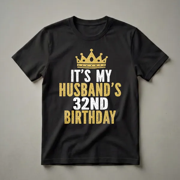 Black t-shirt with gold glitter and white distressed text that reads 'IT'S MY HUSBAND'S 32ND BIRTHDAY' and a gold glitter crown.