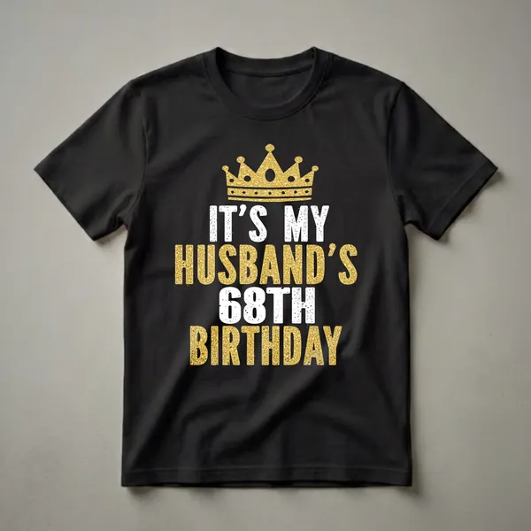 Black t-shirt with a gold glitter crown and distressed white and gold text reading 'IT'S MY HUSBAND'S 68TH BIRTHDAY'.