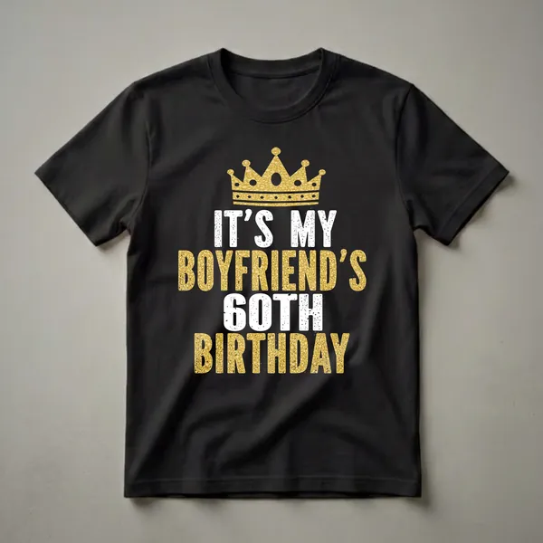 Black t-shirt with gold glitter crown and distressed white and gold text reading "IT'S MY BOYFRIEND'S 60TH BIRTHDAY."
