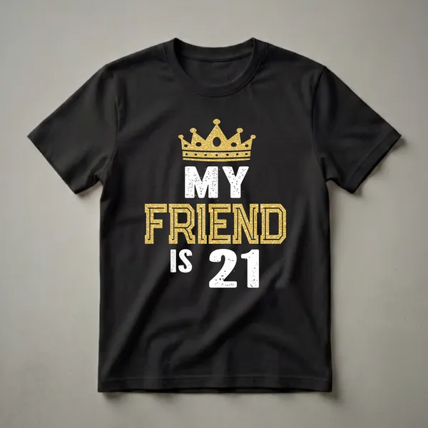 Black t-shirt with white and gold distressed text that reads "MY FRIEND IS 21" and a gold glitter crown graphic at the top.