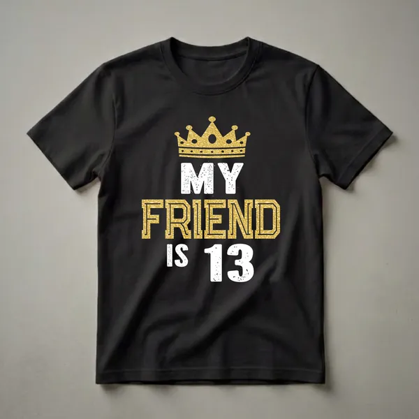 Black t-shirt with a gold glitter crown and distressed white text that reads 'MY FRIEND IS 13', with 'FRIEND' in gold.