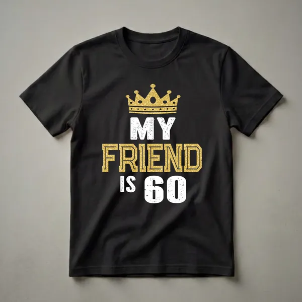Black t-shirt with distressed white text 'MY IS 60' and textured gold text 'FRIEND', topped with a distressed golden crown.