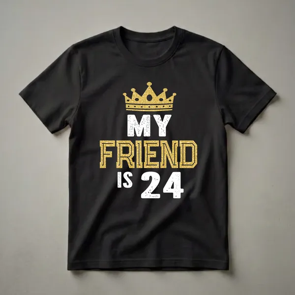 Black graphic t-shirt with a gold textured crown above white and gold text that reads 'MY FRIEND IS 24'.