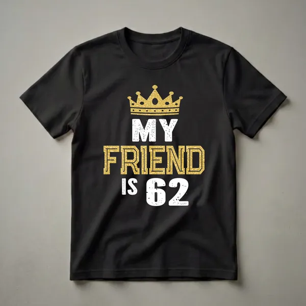Black t-shirt with a gold glitter crown and white and gold distressed text that reads 'MY FRIEND IS 62'.