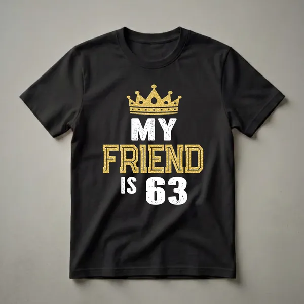 Black t-shirt with a gold glitter crown and the text 'MY FRIEND IS 63' in distressed white and gold lettering.