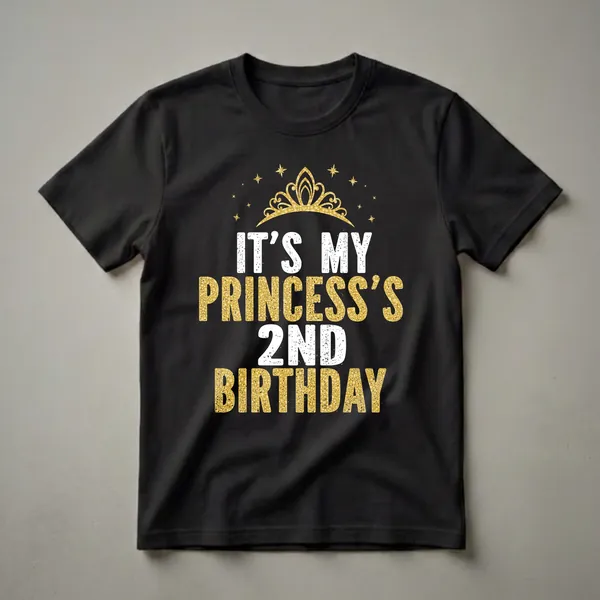 Black t-shirt with white and gold glitter text that reads 'IT'S MY PRINCESS'S 2ND BIRTHDAY', topped with a golden crown and surrounded by golden stars.