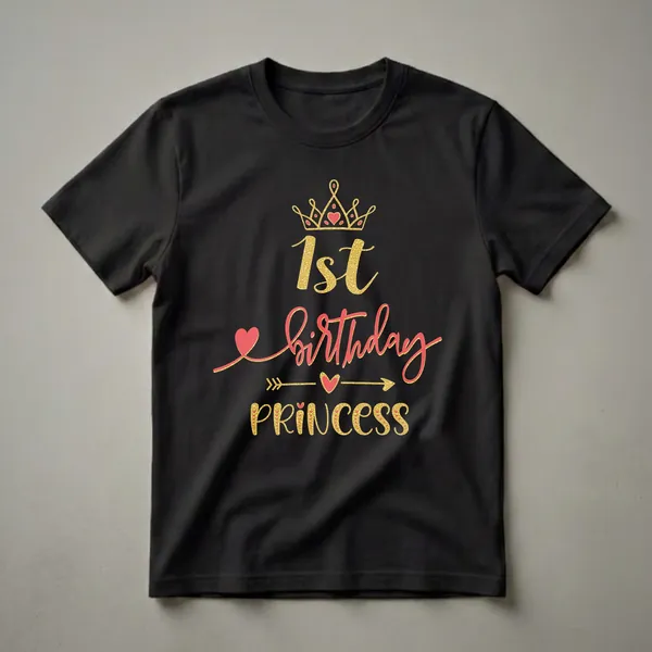 Black t-shirt with a gold glitter crown, red hearts, and text reading '1st birthday PRINCESS' in gold and red glitter.