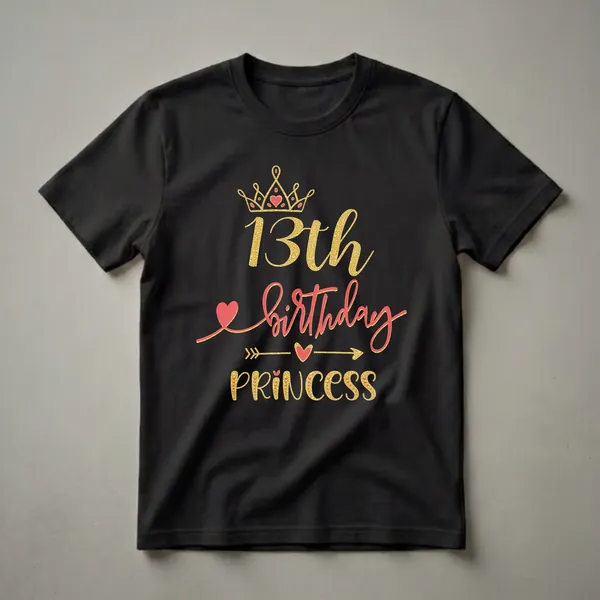 Black t-shirt featuring a gold glitter crown with red hearts and the text '13th birthday PRINCESS' in gold glitter and red script with heart accents.