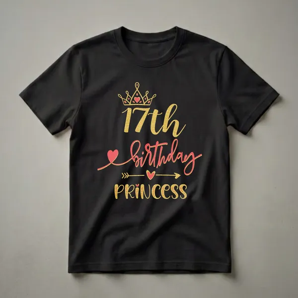 Black t-shirt with gold and red graphic text that reads '17th Birthday Princess' with a crown and hearts.