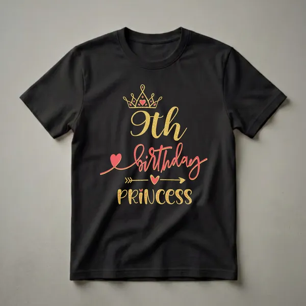 Black t-shirt with a gold crown, red hearts, and the text '9th Birthday Princess' in gold and red lettering.