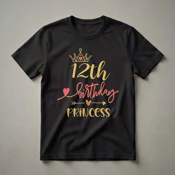 Black t-shirt with a gold crown, red hearts, and the text '12th birthday PRINCESS' in gold and red lettering.
