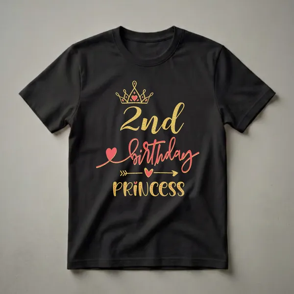 Black t-shirt with a gold glitter crown and the text '2nd Birthday Princess' in gold and red lettering, accented with hearts and arrows.