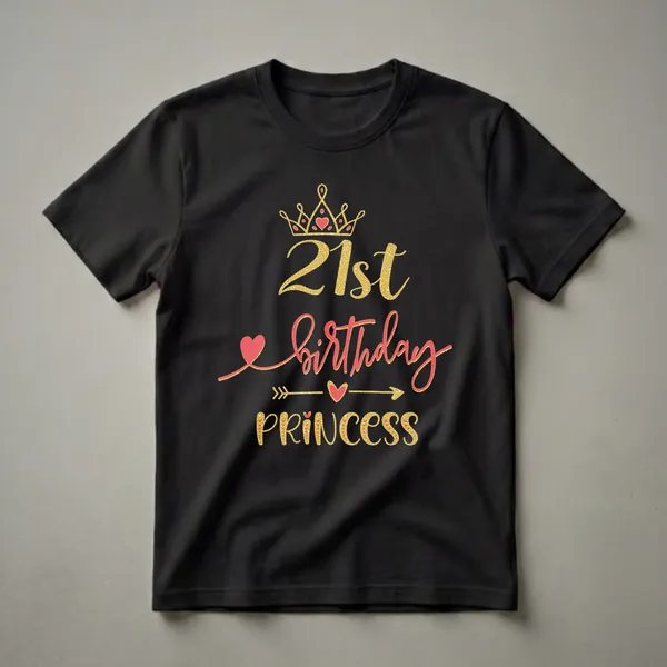 Black t-shirt with a gold glitter crown and red heart accents above the text '21st Birthday Princess' in gold and red glitter fonts, with decorative arrows.