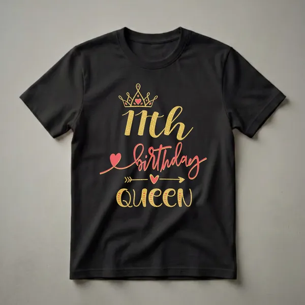 Black t-shirt with gold glitter text that reads '11th Birthday Queen' and a gold crown with red hearts.