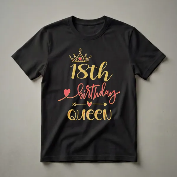 Black t-shirt featuring a golden crown with red accents and the text '18th birthday Queen' in gold and red lettering, with decorative hearts and arrows.