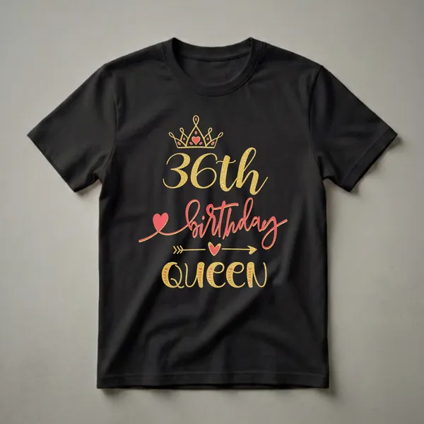 Black t-shirt with a gold glitter crown, red hearts, and the text '36th birthday queen' in gold and red glitter fonts.